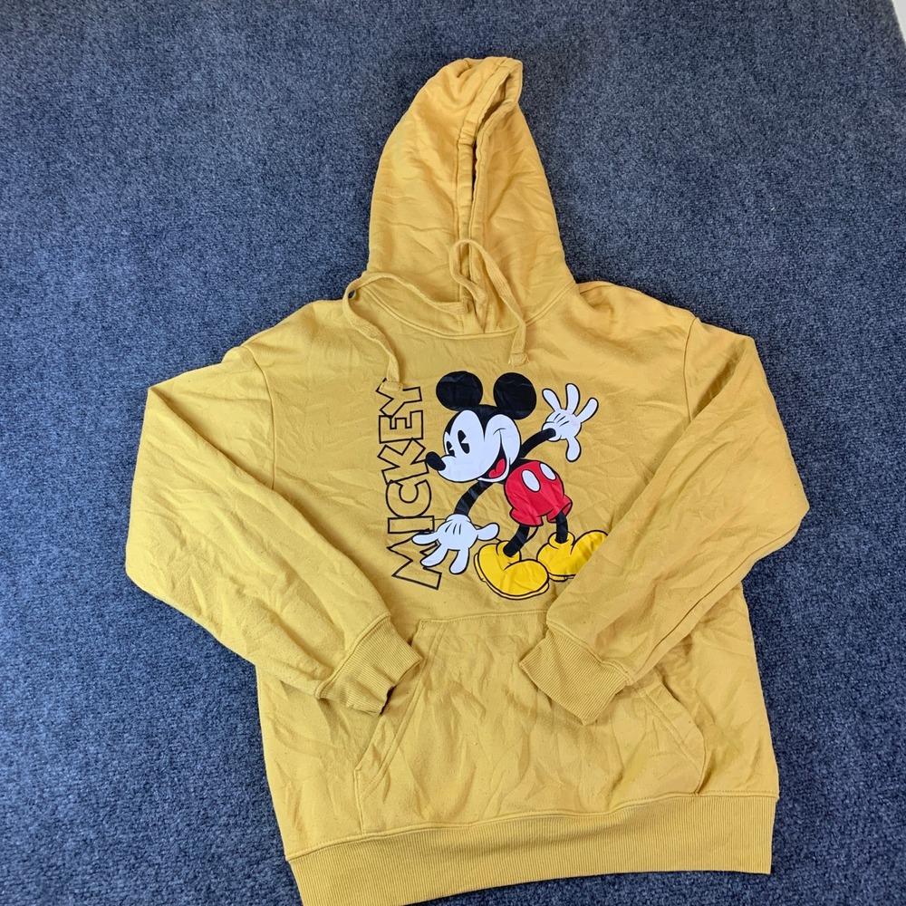 Disney‎ Mickey Mouse Hoodie Unisex Small Yellow Graphic Sweatshirt Pocket